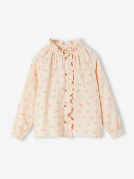 Chemise à volants en gaze de coton fille imprimée fleurs écru+rose pâle+tomette+vert d'eau - vertbaudet enfant 