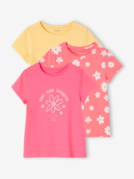 Lot de 3 t-shirts Basics détails irisés fille framboise+jaune pastel+lot camel+lot encre+marine+vert sauge - vertbaudet enfant 