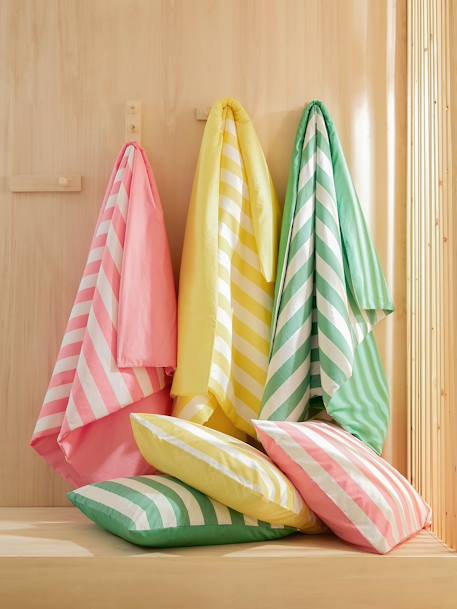 Parure housse de couette et taie d'oreiller avec coton recyclé TRANSAT rayé rose+rayé vert - vertbaudet enfant 