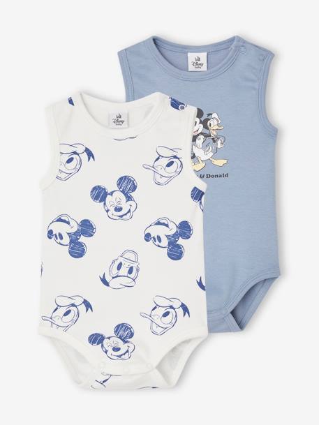Pack of 2 Sleeveless Bodysuits for Babies, Disney®'s Mickey Mouse & Donald Duck sky blue - vertbaudet enfant 
