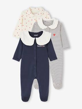 -Pack of 3 "Heart" Sleepsuits in Interlock Fabric, for Babies
