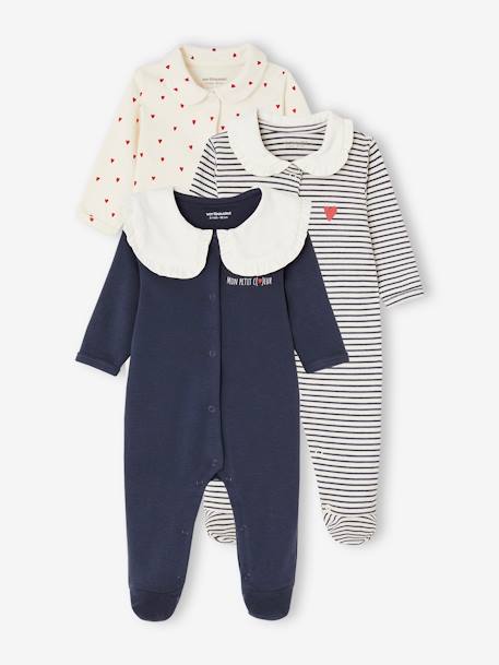 Pack of 3 'Heart' Sleepsuits in Interlock Fabric, for Babies night blue - vertbaudet enfant 