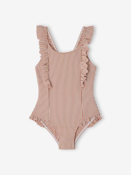Striped Swimsuit for Girls terracotta - vertbaudet enfant 
