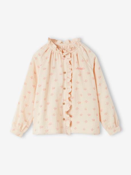 Chemise à volants en gaze de coton fille imprimée fleurs écru+rose pâle+tomette+vert d'eau - vertbaudet enfant 