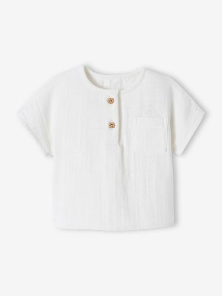 Grandad-Style T-Shirt in Cotton Gauze for Newborns ecru - vertbaudet enfant 