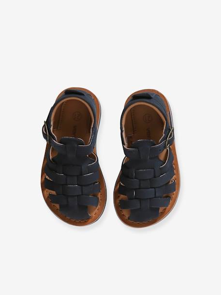 Closed Leather Sandals with Buckle for Babies brown+navy blue - vertbaudet enfant 