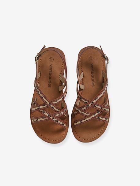 Junior Leather Sandals with Crossover Straps printed brown - vertbaudet enfant 