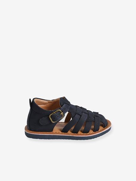 Closed Leather Sandals with Buckle for Babies brown+navy blue - vertbaudet enfant 