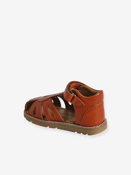 Closed Leather Sandals with Hook-&-Loop Strap for Babies cashew+gold+navy blue - vertbaudet enfant 