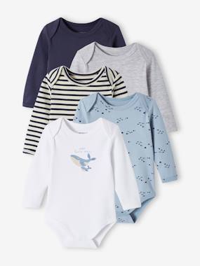 Baby-Pack of 5 Long Sleeve Bodysuits in Organic Cotton with Cutaway Shoulders for Babies