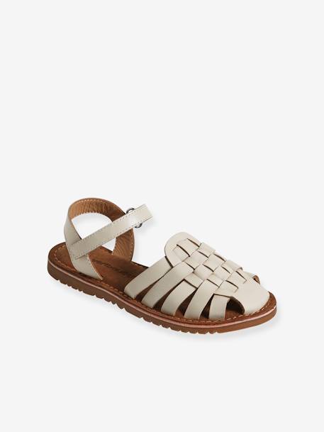 Leather Sandals with Hook-&-Loop Straps for Children ecru+gold - vertbaudet enfant 