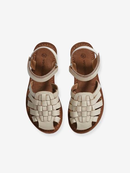 Leather Sandals with Hook-&-Loop Straps for Children ecru - vertbaudet enfant 