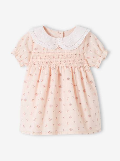 Smocked Dress with Broderie Anglaise Collar for Newborn Babies pale pink - vertbaudet enfant 