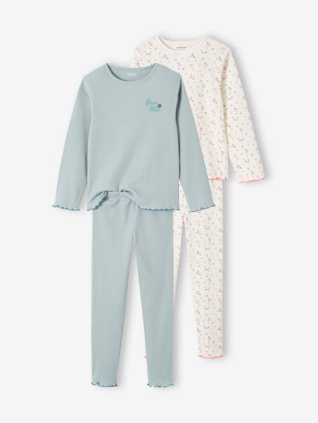 Pack of 2 Rib Knit Pyjamas with Flowers for Girls grey blue - vertbaudet enfant 