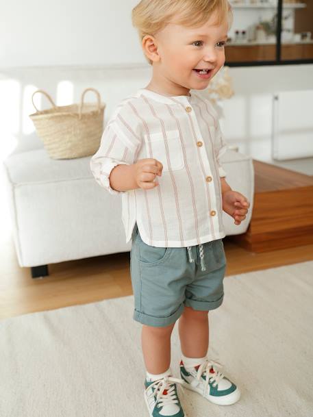 Striped Shirt with Mandarin Collar, in Cotton Gauze, for Babies ecru - vertbaudet enfant 