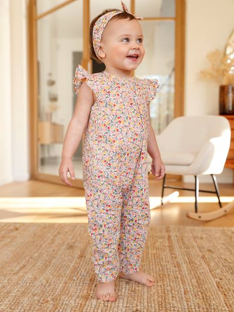 Ensemble bébé fille combinaison + bandeau imprimés rose imprimé+rose pâle+rose poudré+vert céladon imprimé - vertbaudet enfant 