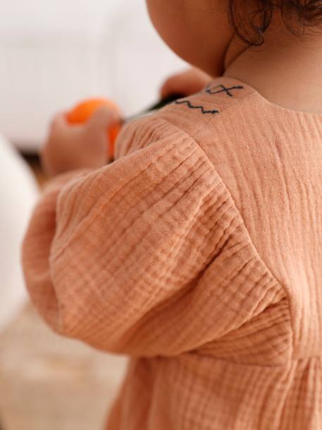 Embroidered Dress in Cotton Gauze, for Babies caramel - vertbaudet enfant 