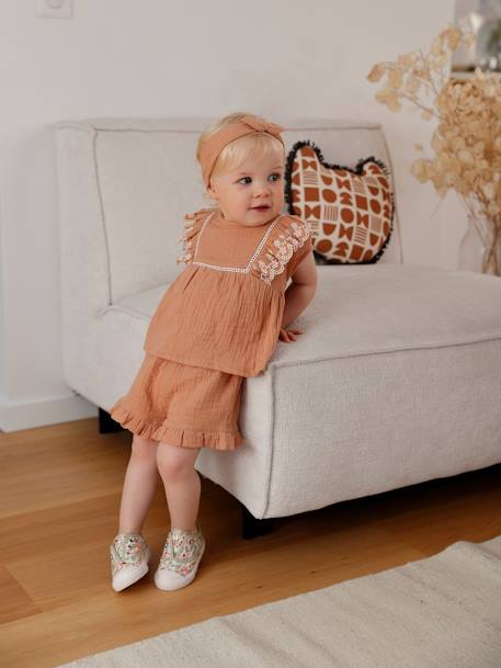 Ensemble brodé bébé : blouse + short + bandeau en gaze de coton caramel - vertbaudet enfant 