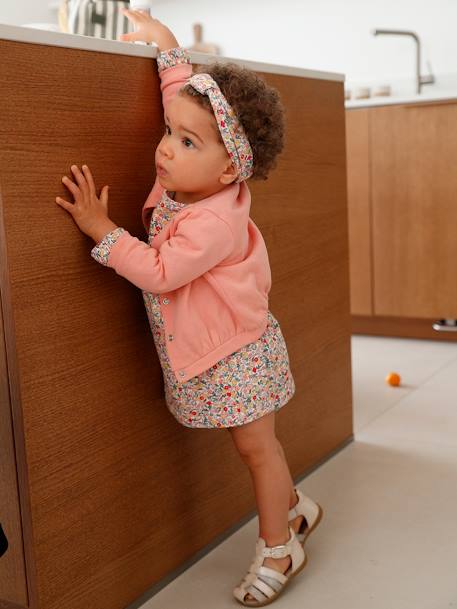 Ensemble bébé fille 3 pièces robe cardigan bandeau bleu grisé+corail+vieux rose - vertbaudet enfant 