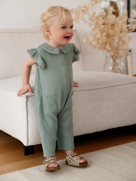 Combinaison bébé fille en gaze de coton manches courtes à volants caramel+vert sauge - vertbaudet enfant 