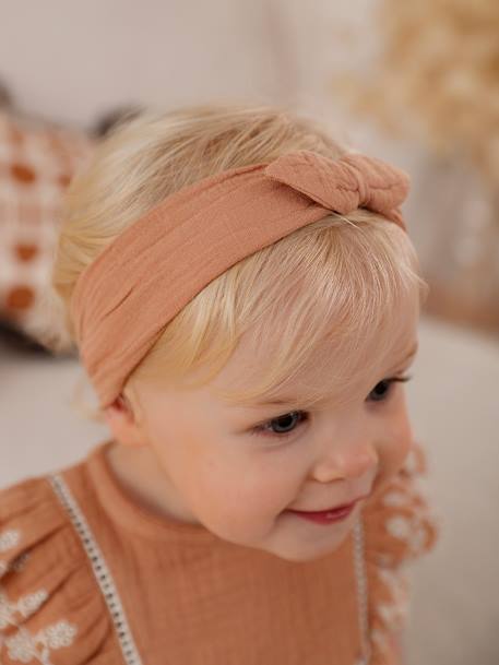 Embroidered Combo: Blouse + Shorts + Headband in Cotton Gauze, for Babies caramel - vertbaudet enfant 