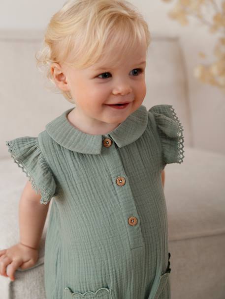 Cotton Gauze Jumpsuit for Babies sage green+terracotta - vertbaudet enfant 