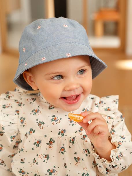 Denim Bucket Hat with Embroidered Flowers, for Baby Girls denim blue - vertbaudet enfant 