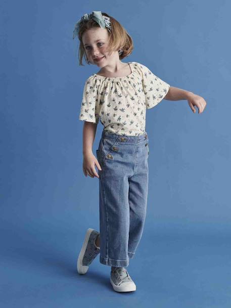 Wide Cropped Trousers with Flap Front for Girls brut denim+double stone - vertbaudet enfant 