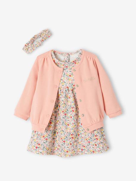 3-Piece Outfit: Dress + Cardigan + Headband for Baby Girls coral+White/Print - vertbaudet enfant 