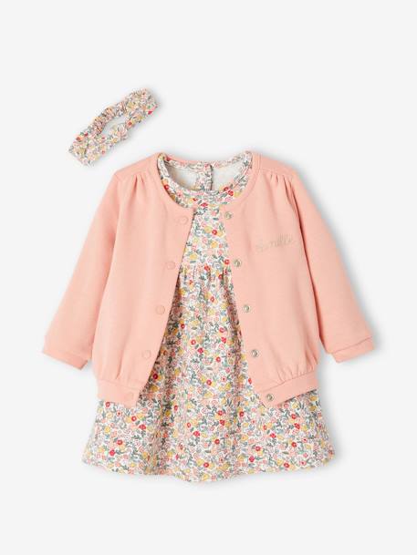 Ensemble bébé fille 3 pièces robe cardigan bandeau bleu grisé+corail+vieux rose - vertbaudet enfant 