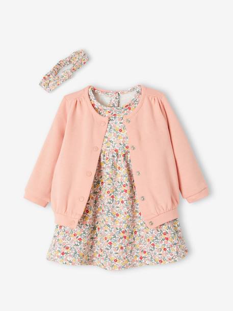 3-Piece Outfit: Dress + Cardigan + Headband for Baby Girls coral+old rose+White/Print - vertbaudet enfant 
