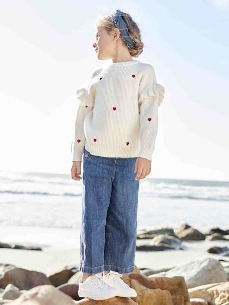 Wide Cropped Trousers with Flap Front for Girls brut denim+double stone - vertbaudet enfant 