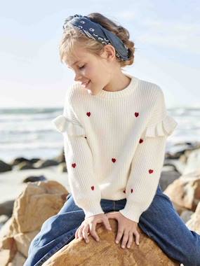 -Pull fille brodé manches volantées 
