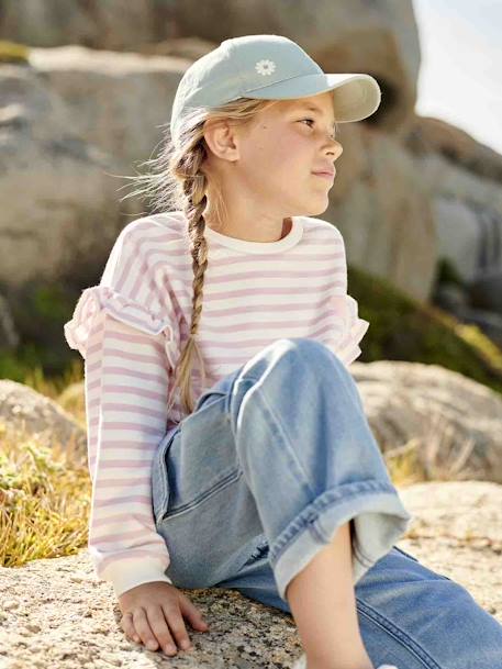 Sailor-type Sweatshirt with Ruffles on the Sleeves, for Girls denim blue+lilac+old rose+striped green+striped pink - vertbaudet enfant 