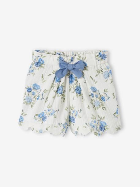 Shorts in Cotton Gauze with Scalloped Trim for Girls blue+nude pink+printed blue - vertbaudet enfant 