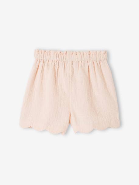 Shorts in Cotton Gauze with Scalloped Trim for Girls coral+nude pink+printed blue - vertbaudet enfant 