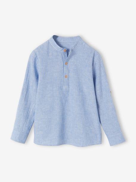 Occasion Wear Ensemble: Shirt with Mandarin Collar & Shorts for Boys striped blue - vertbaudet enfant 