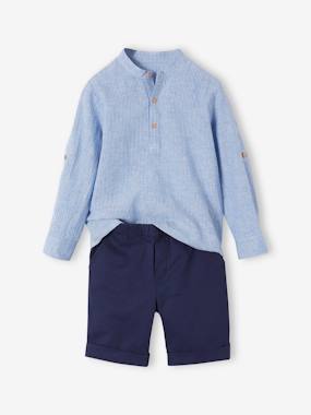 Boys-Outfits-Occasion Wear Ensemble: Shirt with Mandarin Collar & Shorts for Boys