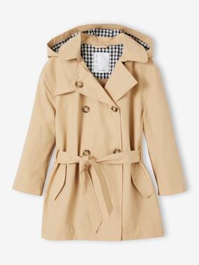 -Trench Coat with Removable Hood for Girls