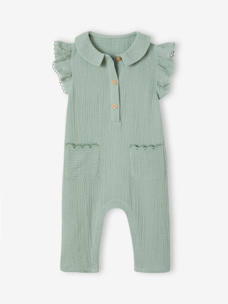 Combinaison bébé fille en gaze de coton manches courtes à volants caramel+vert sauge - vertbaudet enfant 
