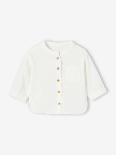 Shirt in Cotton Gauze with Mandarin Collar, for Babies caramel+ecru+GREEN DARK SOLID - vertbaudet enfant 
