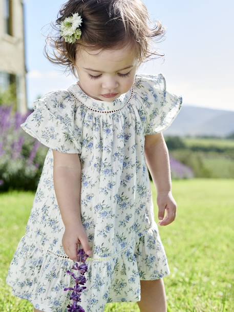 Floral Occasion Wear Dress in Cotton Gauze, for Babies ecru - vertbaudet enfant 