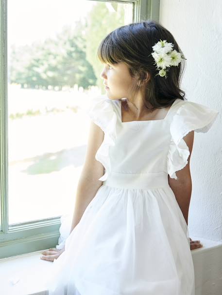 Robe cérémonie fille satin de coton à volants blanc+écru+rose pâle+vert sauge - vertbaudet enfant 