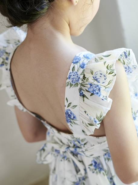 Frilly Occasion Wear Dress with Flower Motifs for Girls printed blue+vanilla - vertbaudet enfant 