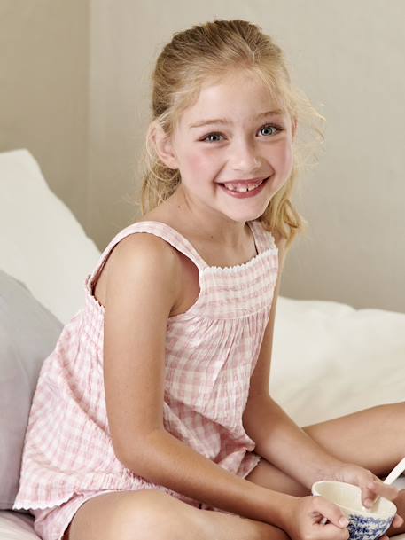 Gingham Short Pyjamas in Seersucker for Girls rose - vertbaudet enfant 