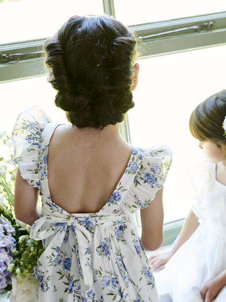 Frilly Occasion Wear Dress with Flower Motifs for Girls printed blue+vanilla - vertbaudet enfant 