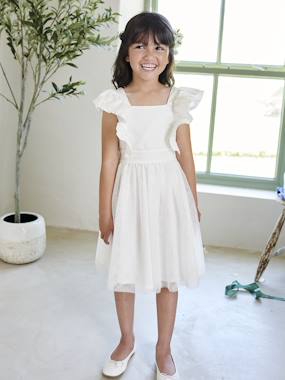 -Ruffled Occasion Wear Dress in Cotton Gauze & Tulle, for Girls