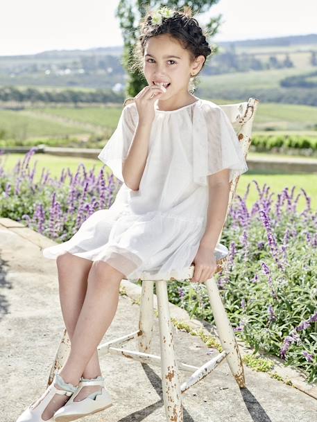 Occasion Wear Dress with Glittery Tulle & Butterfly Sleeves for Girls ecru+rose beige - vertbaudet enfant 