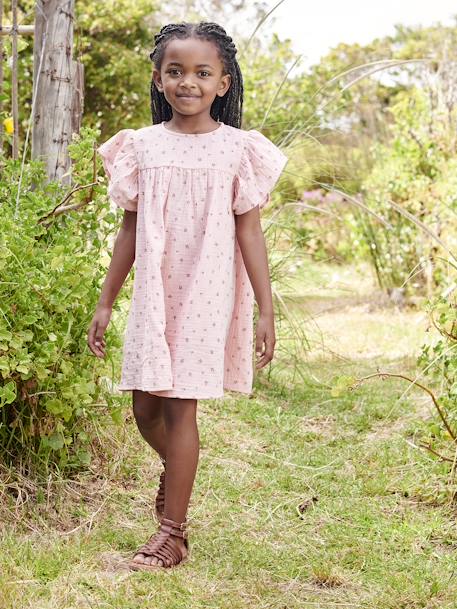 Cotton Gauze Dress with Floral Print, for Girls - rose, Girls