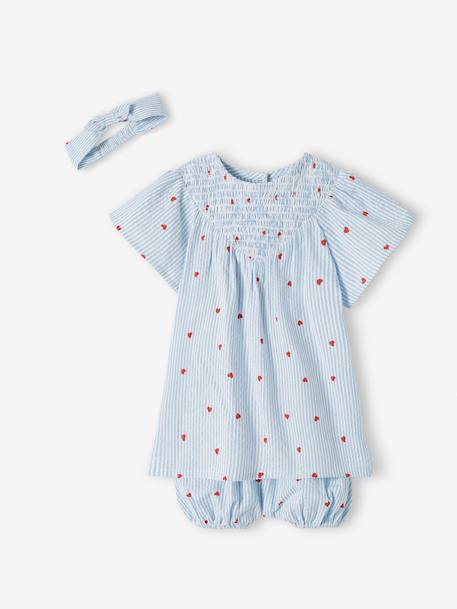 Ensemble en seersucker robe + short + bandeau bébé rayé bleu - vertbaudet enfant 
